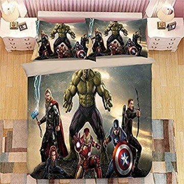 BLSM Marvel Avengers Bettbezug-Set 3D-Digitaldruck Bettwäsche-Set Captain America Hulk und Thor Iron Man Bettbezug mit passendem Kissenbezug für Kinder und Erwachsene (10 135 x 200)