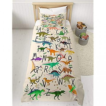 MUSOLEI Dinosaurier-Bettbezug-Set mit Kissenbezug Einzelbett Alphabet Tier-Bettbezug für Kinder rosa grau blau grün weiches Design haltbarer Reißverschluss (Einzelbett Beige)