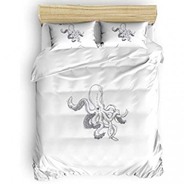Niedliche Kinder Bettbezug Set für Kinder Mädchen Jungen Handmalerei Octopus Schwarz-Weiß Erwachsenen Bett Set 1 Bettdecke und 2 Kissenbezüge