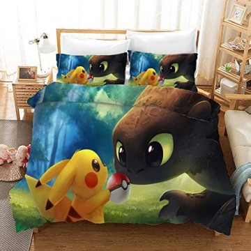 SK-YBB Pokemon Bettwäsche Set Pikachu Cartoon 1 Bettbezug + 1 Kopfkissenbezug for Kinder Jugendliche Jungen/Mädchen (B2 135x200 cm +80x80cm)