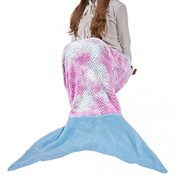 Viviland Meerjungfrau Decke für Jugendliche Mädchen Fischschuppen Muster super weiche Plüsch Flanell Schlafsack Decke Gitter Regenbogen/Blau 48x130cm
