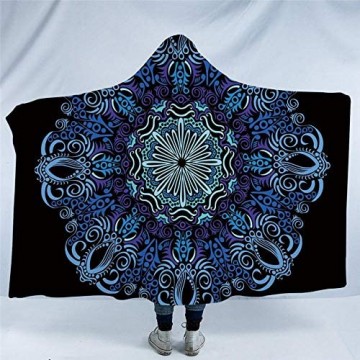 WWTZ Mandala Hooded Blanket Luxuriöse Sherpa Fleece Wearable Decke Erwachsene Kinder Blumen Print Bohemian Bettwäsche