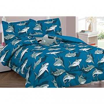 Goldenlinens Shark Schmusetuch 3 Stück und 4 Stück-Bettlaken-Set Vorhang Querbehang Full 4 Pieces Comforter Blue Gray