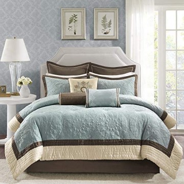 Madison Park Cozy Comforter Set Casual Modern Design All Season Matching Bed Skirt Decorative Pillows Queen(90x90) Blue 9 Piece