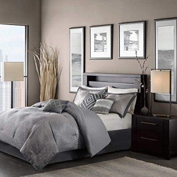 Madison Park Cozy Comforter Set-Trendy Design All Season Down Alternative Luxury Bedding with Matching Shams Decorative Pillows Queen(90x90) Quinn Sequins Jacquard Grey 7 Piece