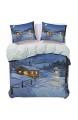 Yoyon Kinder \'Quilt Set Holz rustikale Blockhaus Landschaft in der Wintersaison Warm Moonlight Spirit Weiche Bettbezug Verarbeitung und Nähte sind sehr akribisch blau weiß