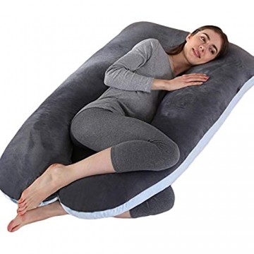 Schwangerschaftskissen U-förmiges Seitenschläferkissen Full Body Pillow mit Ersetzbaren & Waschbaren Außenbezügen 70x130cm (Dunkelgrau blau)