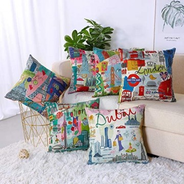 JOTOM Kissenbezug aus Baumwollleinen quadratisch dekorativ für Büro Sofa Bett 6 Stück 45 x 45 cm (Cartoon-Stadt)