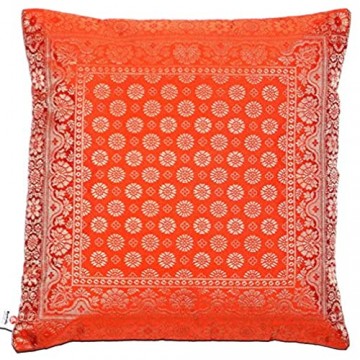 Ruwado Blumen Muster 40 x 40 cm | 16 x 16 Zoll - Handgewebt und Handgefertigt Indische Banarasi Seide Dekokissen Kissenüberzug Kissenhülle Kissenbezug Zierkissenbezug - Rost-Orange.