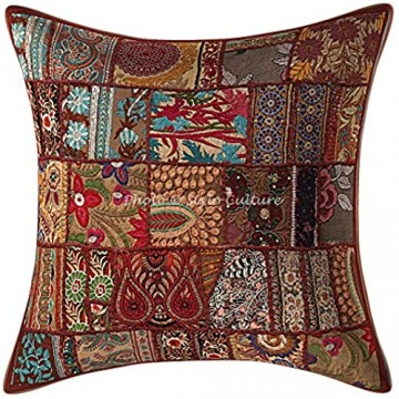 Stylo Culture Indian dekorative große Dekokissen Decken 60 x 60 Home Decor braun Vintage Stoff Patchwork Baumwolle Wohnzimmer Couch Kissenbezug Floral 60 x 60 cm Kissenbezug