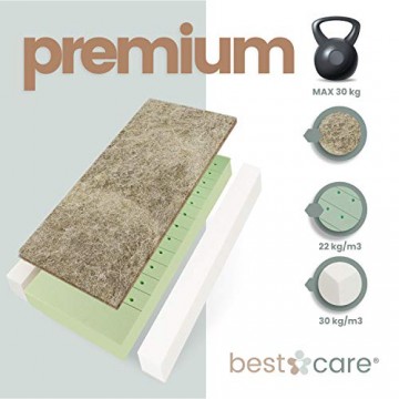 BestCare® Premium Naturmatratze Babymatratze aus Pflanzenfasern | kein chemischer Geruch | 2-seitig (Baby/Kleinkind) | kein Latex | Gesamthöhe 12 cm | EU Produkt Größe:Premium 120x60cm