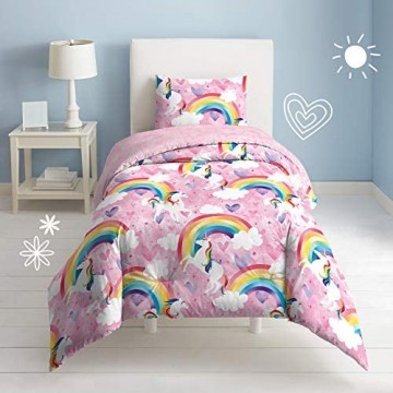 Dream Factory Kids 3-Piece Easy-Wash Super Soft Cotton Comforter and Pillow Sham Set Full/Queen Pink Unicorn Rainbow