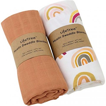 LifeTree Musselin Baby Decke Bambus Baumwolle für Jungen und Mädchen 2 Stück Pucktücher Kuscheldecke Baby Baumwolldecke 120x120cm Solide Farbe/Regenbogen Design