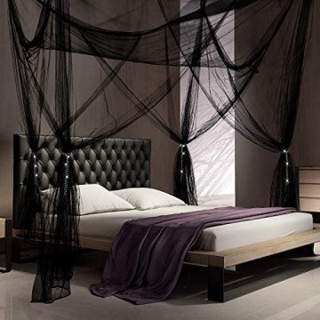 Betthimmel mit 4 Ecken Betthimmel Schlafzimmer Vorhang mit 4 Quasten zum Aufhängen für King-Size-Bett und großes Queen-Size-Bett Schwarz
