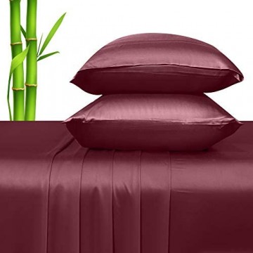 Bettlaken aus 100 % echtem Bambus seidig weich hypoallergen kühl und leicht 5-teiliges Hotel-Bettwäsche-Set elastische tiefe Tasche für eine gute Passform (geteilte King-Size-Größe Burgunderrot)