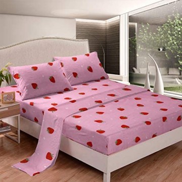Bettwäsche-Set mit Erdbeermotiv tropisches Obst 3-teilig Kawaii-Erdbeer-Bettlaken-Set + tiefe Spannbetttücher + Erdbeer-Bettlaken + süßes Cartoon-Frucht-Dekor 1 Kissenbezug Doppelbett Rosa