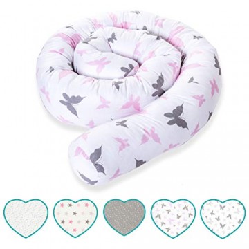 mimaDu® Bettschlange Nestchen Babybett Schlange (210 x10 cm) Bettumrandung für Baby- und Kinderbett - OEKO-TEX zertifizierte Baumwolle - (grau-rosa Schmetterling)