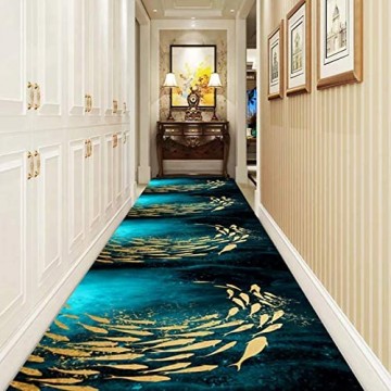 JLCP Blauer Teppich Läufer Flur 3D Goldener Fisch Eingangsteppich rutschfest Waschbar Fußmatten Für Wohnzimmer Küche Schlafzimmer Hotel Mehrere Größen 50x200cm