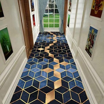 YJRBZ Geometrischer Teppich-Läufer Flur Treppe Runner Teppich Long Hall Entryway Aisle Korridor Teppich Blau/Schwarz/Gold (Size : 60×100cm)