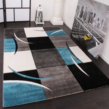 Paco Home Designer Teppich mit Konturenschnitt Karo Muster Türkis Grau Grösse:80x150 cm