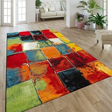 Paco Home Moderner Kurzflor Designer Teppich Mit Karo Design Gemälde Optik Mehrfarbig Bunt Grösse:160x230 cm