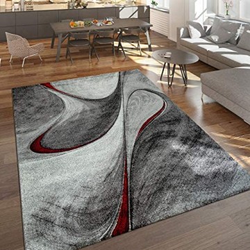 Paco Home Moderner Kurzflor Teppich Wohnzimmer Meliert Abstraktes Design Grau Rot Schwarz Grösse:200x290 cm