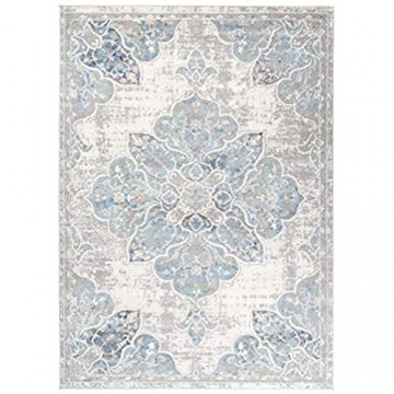 Tapiso Valley Teppich Kurzflor Weiß Grau Blau Vintage Blumen Used Effekt Meliert Verwischt Wohnzimmer Schlafzimmer 200 x 300 cm