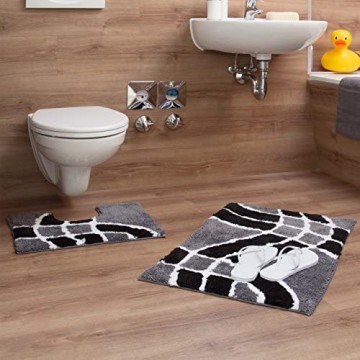 Relaxdays Badgarnitur 2-teilig mit Wellenmuster Für Fußbodenheizung Waschbar Badematte und WC-Vorleger Für Stand-WC 80 x 50 cm grau