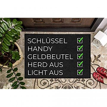 TassenTicker - Fußmatte mit Spruch - Checkliste - Schlüssel - Handy - Geld - Herd - Licht - vergesslich - lustig - innen & außen - waschbar - Geschenkidee - Dekoration