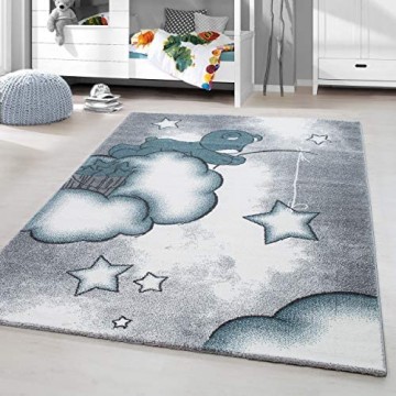 HomebyHome Kurzflor Kinderteppich Bärchen Wolken Kinderzimmer Babyzimmer Teppich Grau Blau Grösse:120 cm Rund