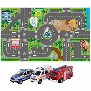 Kids Globe Spielteppich mit Auto Set (leuchtende Ampeln Kinder-Teppich mit Feuerwehrauto Polizeiauto Rettungswagen Größe 120x72 cm inkl. Batterie) 570271+510176