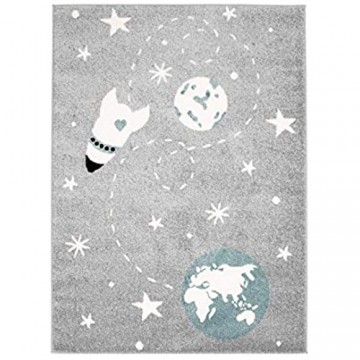 Kinderteppich Bubble Kids Flachflor Weltall Rakete Sterne in Grau Blau für Kinderzimmer: Größe 160x225 cm