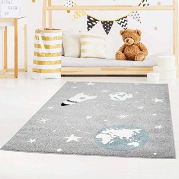 Kinderteppich Bubble Kids Flachflor Weltall Rakete Sterne in Grau Blau für Kinderzimmer: Größe 160x225 cm