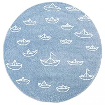 Kinderteppich Flachflor Bueno Maritim mit Boot Schiff in Blau mit Glanzgarn für Kinderzimmer; Größe: 120x120 cm Rund