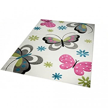 Kinderteppich Spielteppich Schmetterling Design Creme Pink Grau Grün Blau Größe 140x200 cm