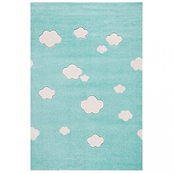 Livone Kinderzimmer Baby Teppich Kinderteppich Hochwertig mit Wolken in Mint Weiss mit Konturenschnitt Grösse 120x 180 cm