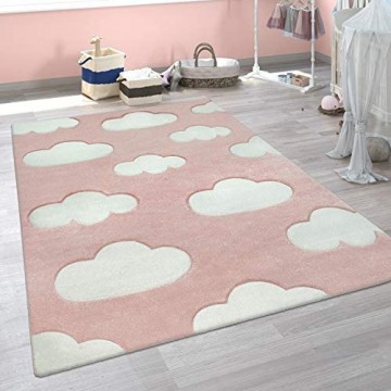 Paco Home Kinder Teppich Weiß Rosa Kinderzimmer Pastellfarben Wolken Design Kurzflor 3-D Grösse:Ø 120 cm Rund