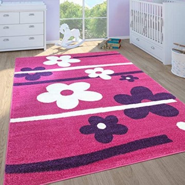 Paco Home Kinderteppich Kinderzimmer Spielteppich Kurzflor Motiv Blumen In Pink Lila Grösse:200x290 cm