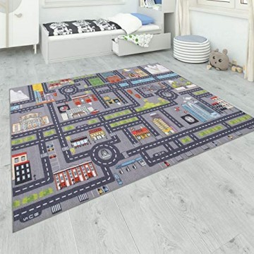 Paco Home Teppich Kinderzimmer Grau Kinderteppich Spielteppich Straßenteppich Mädchen Jungs Grösse:200 cm Quadrat Farbe:Grau