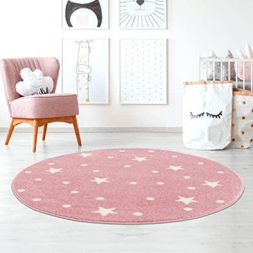 Taracarpet Kinderzimmer Teppich Dreamland kleine kleine Sterne und passende Punkte Rosa Creme 120x120 cm rund