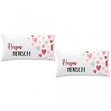 Home Edition 2er Pack Jersey Kissenbezug mit Schriftzug für Kopfkissen 40 x 80 cm (Herzensmensch weiß - bunt)