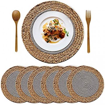 XIUWOUG Natur Tischsets aus Wasserhyazinthe+Baumwolle Round Handgefertigte gewebte Platzset und Ideal für Wanddekoration & Stuhlkissen (Grau 36cm)