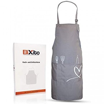EliXito® Premium Kochschürze/Küchenschürze 100% Baumwolle mit Taschen für Damen - Belastbar & pflegeleicht - Auch Perfekt als Grillschürze und Backschürze grau