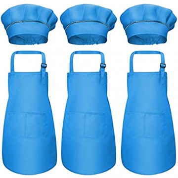 Fodlon 6 Stück Kinder Schürze und Kochmütze Set Kids Chef Schürzen mit Taschen für Jungen Mädchen Einstellbare Kind Küchenschürzen Kochschürze für Kochen Backen Malen Basteln (7-13 Jahre) (Blau)