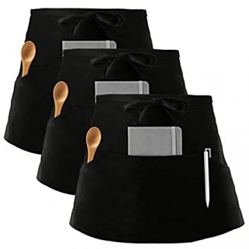 InnoGear 3 Stücke Vorbinder Schürze Taillen Schürze mit 3 Taschen Kellnerschürze Bistroschürze Kochschürze Backschürze für Restaurant Bar (Schwarz)