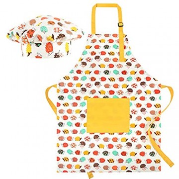 KinHwa Baumwollschürzen für Kinder Einstellbare Kinderschürze mit Taschenküche Kochschürze für Kinder für Jungen oder Mädchen Perfekt für 4-8 Jahre (Gelb Igel Schürze + Kochmütze)
