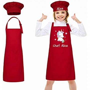 LAOKEAI Personalisierte Kinder Schürze und Kochmütze Set Kinder Kochschürze Malschürze Bastelschürze mit Hüte für Schule Malerei Küche DIY Handwerk(Rot)
