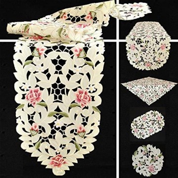 Quinnyshop Rosenblüten Durchbruchsstickerei Tischläufer 30 x 70 cm Oval Polyester Creme