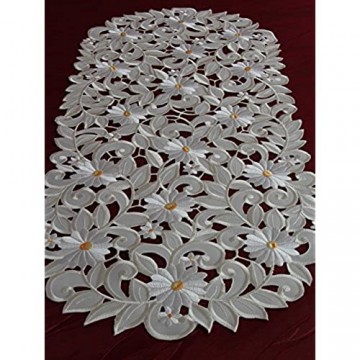 Quinnyshop Tischläufer Tischdecke Creme-Weiß gestickt mit Mageriten Mitteldecke Deckchen (ca. 40 x 90 cm Oval)