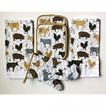 Mainstay 5 Piece Kitchen Set Includes 2 Kitchen Towels 1 Pot Holders 2 Oven Mitts (Farm Animals)